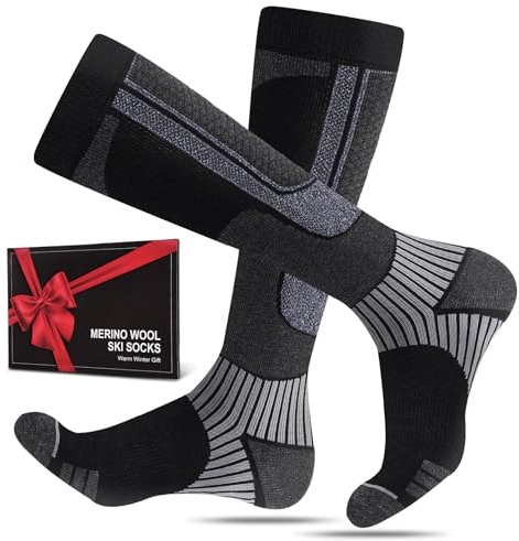 SukModen 2 paires de chaussettes de ski noires en laine mérinos pour hommes, femmes et jeunes, chaussettes thermiques épaisses, ski et snowboard, taille 43-46