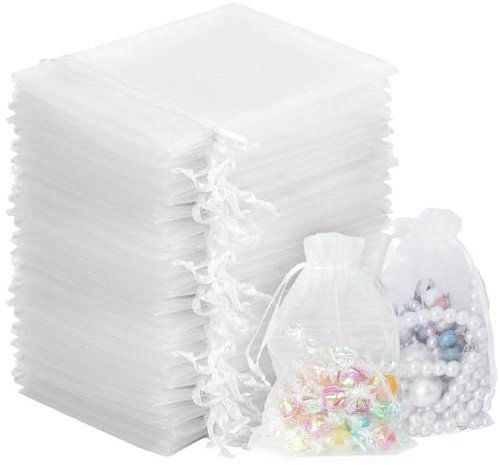 KENPOJO 120 Pezzi Sacchetti Organza 10x15 CM, Bianco Sacchetti per Confetti con Coulisse, Sacchettini Bomboniere Trasparenti, Portaconfetti Sacchetto Regalo in Organza di Lavanda Gioielli Natale