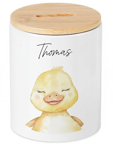 Ente Spardose für Kinder personalisiert Bauernhof Tiere Sparbox mit Bambusdeckel Geldgeschenk für Jungen & Mädchen