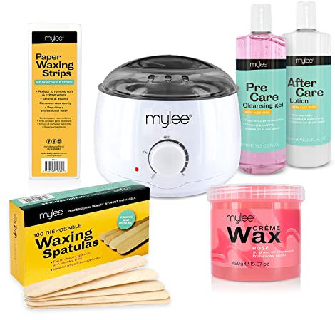 Mylee Komplettes Wachsset, bestehend aus Wachserhitzer in Salonqualität, weichem Cremewachs, Wachsstreifen, Spachteln und Mylee Vor & Nach Wachslotion (Kit + Rosenwachs)