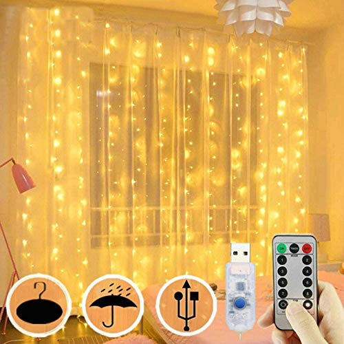 FANSIR Curtain Fairy Lights, 3m×3m 300LED Fairy Lights with 8 Modes Remote Control Timer Adjustable Brightness Waterproof Curtain Light Plug in for Bedroom Garden Party Wedding Christmas (Warm White)