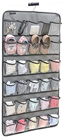 ANZORG Hanging Baby Shoes Organizer Baby Headband Holder Closet Organizer for Baby Bow Socks Underwear with 30 Clear Pockets (GREY)