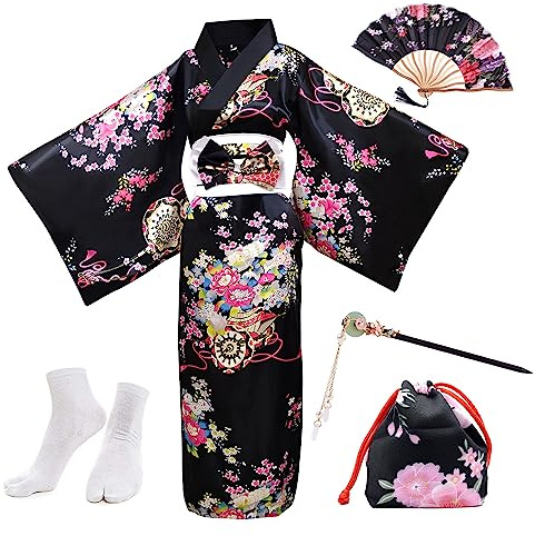 PLULON 5Pcs Japanese Robe Geisha Yukata Dress Blossom Satin Bathrobe with Drawstring Bag Hand Fan Hairpin Tabi Socks Set for Women
