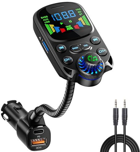 Bluetooth 5.3 FM Transmitter for Car SOARUN Bluetooth Car Adapter PD30W & USB Port Fast Charge, HiFi Treble & Bass Player, 1.6 Display Hands-Free Calling Truck Radio with AUX Input/Output, TF Card