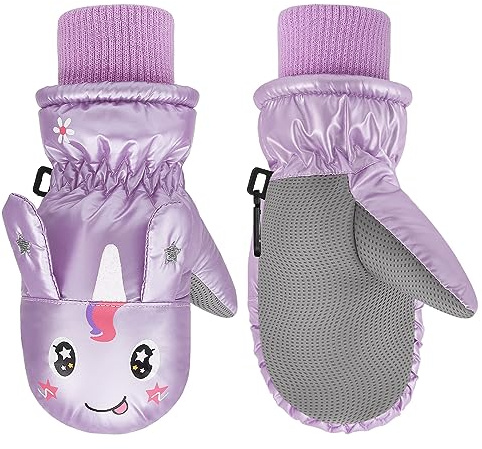 MoKo Toddler Winter Mittens, Warm Coral Fleece Gloves with Linking Buckles Waterproof Non-Slip Ski Gloves for Girls Boys 5-10 Years Snow Mitten for Skiing Snowboarding Outdoor Activities, Taro Purple