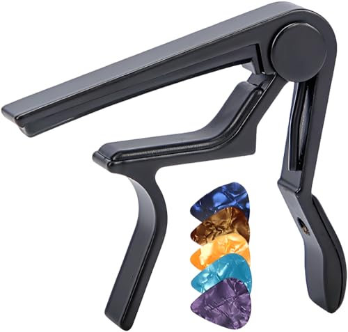 DAZISEN Gitarren-Kapodaster mit 5 Gitarren-Plektren - Ukulelen-Kapodaster, Akustik-Gitarren-Clip, Schnellwechsel-Kapodaster-Klemme für Akustik-E-Gitarren, Mandoline und Banjo, Schwarz