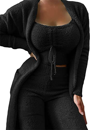 tinbarry Pyjama 3 pièces en Polaire pour Femme - Ensemble 3 pièces Chaud en Peluche - Cardigan - Manteau Court - Débardeur et Pantalon Taille Haute - Vêtements de détente