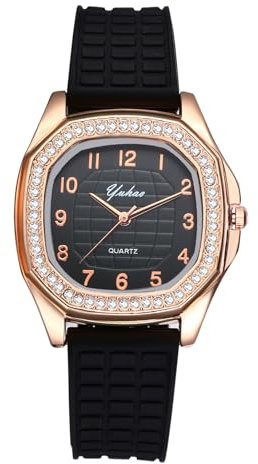 Silverora Uhren Damen Silikon Quadratische: Rechteckige Analoger Quarz Studentenuhr Strass Zirkon Sportuhr Armbanduhren mit Silikonarmband Geschenke für Frauen Mädchen Schwarz