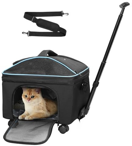 Babenest Mobile Hund Transporttasche Faltbar, Tragetasche mit Abnehmbar Teleskopgriff & Stummen Rädern für Flugzeug, Transportbox mit Schultergurt für Kleine & Mittelgroße Haustiere Reisen, Schwarz