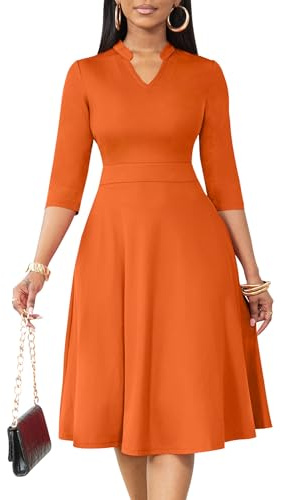 Nmoder Casual Dresses for Women Semi Formal Fit and Flare 3/4 Sleeve A-line Church Work Dress with Pockets Orange 3XL