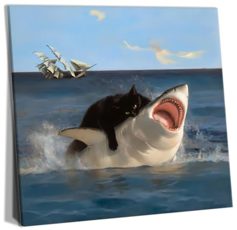 Yaneiro Framed Black Cat Bathroom Wall Art, Funny Quirky Cat and Shark Pictures Canvas Print, Abstract Black Cat Shark Posters Wall Decor for Room Bedroom Living Room Bathroom 20x20 in