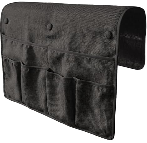 Primpins No Tuck Armchair Caddy with Matching Pin Fasteners - 19 x 24 Inches - No Tucking, No Slipping - Armrest Organizer for Recliner and Couch (Black)