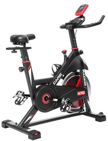 CARE FITNESS - Vélo de Biking- Racing 470-475 - Pédales Crantées et Sanglées - Confortable et Silencieux - Selle et Guidon de Triathlon Réglables