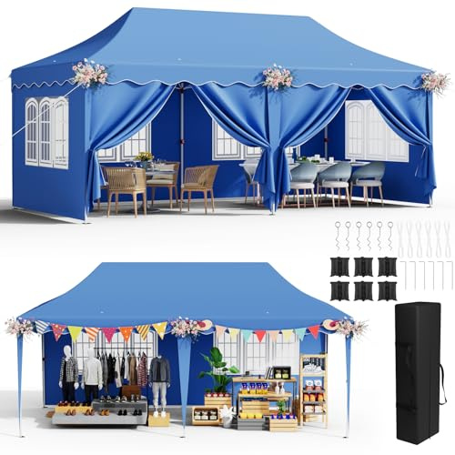 Paviljong 3 x 6 med 6 sidoväggar, vikbar paviljong 3 x 6 vattentät, stabil vintersäker, vikbart festtält 3 x 6, Anti-UV 50+ trädgårdspaviljong, 6 st sandsäckar, 12 jordkrokar, för marknad, bröllop