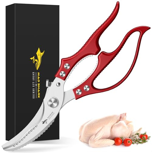 MAD SHARK Professional Heavy Duty Poultry Shears - Kitchen Shears for Spatchcocking Chicken and Meat Cutting, Multi-Purpose Kitchen Scissors for Food, Spring-loaded (Red)