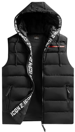 Men's Hooded Quilted Padded Gilet Jacket | Stylish Winter Body Warmer with ICON 2 Multiple Pockets, and Drawstring Hood (UK, Alpha, M, Regular, Regular, Black)