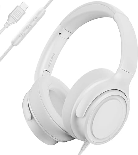 ADOOPE Cuffie sovrauricolari cablate con connettore USB C, suono stereo Hi-Fi, cuscinetti auricolari isolanti dal rumore, vestibilità comoda per dispositivi USB C (bianco)