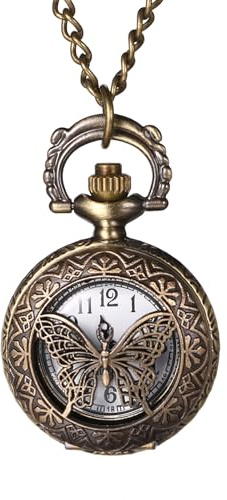 Oidea Orologio da tasca retrò con catenina: orologio da tasca vintage in bronzo con decorazione a farfalla con numeri arabi, analogico, al quarzo, orologio da taschino, collana regalo per uomini e