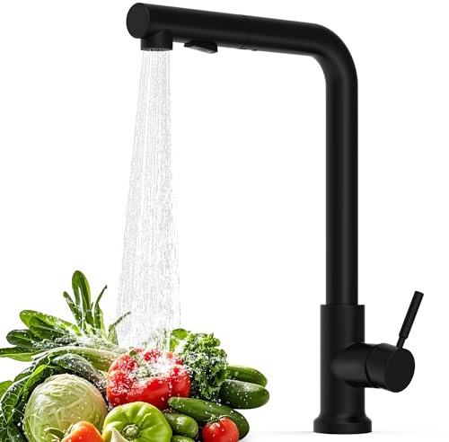 Robinet cuisine avec douchette extensible,Mitigeur cuisine monobloc 360° rotatif, Robinetterie en L,robinet inox moderne, 2 types de jets, robinet extensible pour évier de cuisine