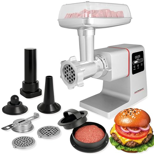 GASTROBACK Picadora de carne eléctrica con relleno de salchichas y accesorio para repostería – 2500 W 6 en 1 acero inoxidable – Máquina de llenado de salchichas eléctrica con pantalla táctil incluye