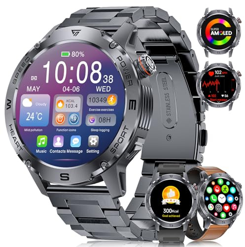 Montre Connectée Homme avec Appels Bluetooth:1.43'' Amoled Écran Smartwatch Homme avec 120 Modes Sport, IP68 Étanche Montre Fitness avec Fréquence Cardiaque/Moniteur de Sommeil pour Android iOS, Noir