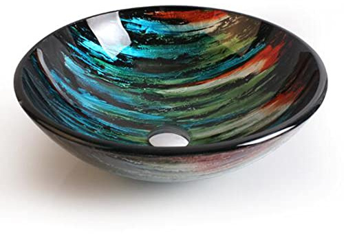 Lavandino in vetro temperato – moderno lavabo rotondo sopra il bancone con scarico pop-up per bagno Vanity