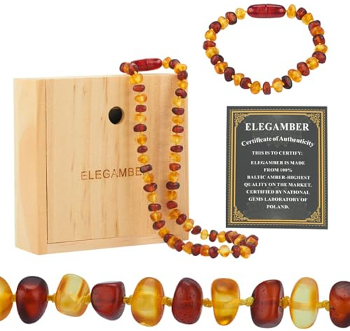 ELEGAMBER Handmade polished amber necklace Set -100% Certified and Authentic Baltic Amber - Genuine Amber Beads, 12.5+5.5 inches (red&cognac suit)