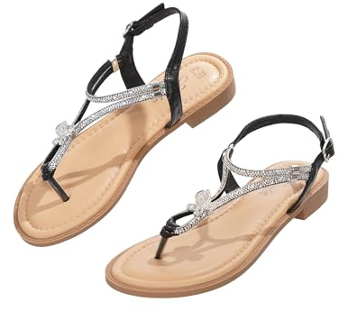 JOMIX Sandalias Planas Mujer Cómodas Sandalia de Verano con Dedos Separados Ligeras y Elegantes con Adornos de Pedrería para Paseo Playa Viaje (Negro,39)