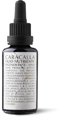 Olio Viso Antirughe Illuminante con Vitamina E e F, Olio viso idratante per Pelle Sensibile conTrattamento Antietá, Antirughe e Antimacchie Made in Italy – 30 ml CARACALLA