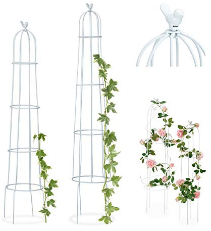 Relaxdays, blanc Tuteur de jardin Oiseau colonne rosier arche plante grimpante set 2 métal H 113 cm et 103 cm arceau