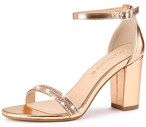 Allegra K Women's Rhinestone Ankle Strap Chunky Heels Sandals Rose Gold 4 UK/Label Size 6 US