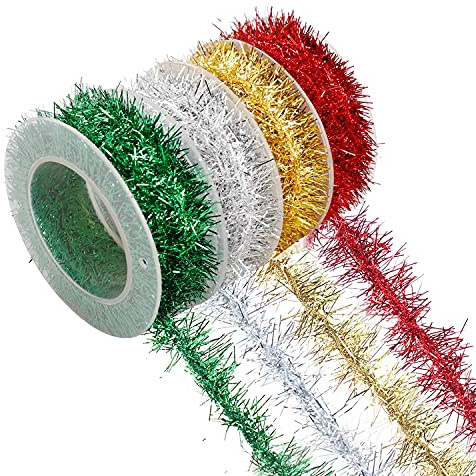 Yafe Christmas Mini Tinsel Garland, 1.5 Meters 4 Rolls Christmas Tree Metallic Garlands Xmas Glitter Thin Hanging Decorations for Holiday Outdoor Indoor Supplies Xmas Tree Christmas Party (4 Colors)