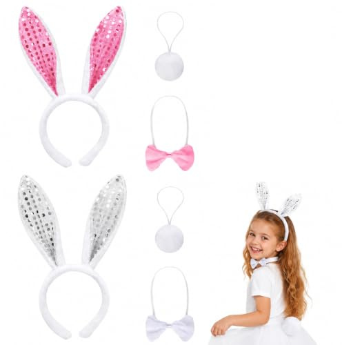 6 pièces Deguisement Lapin Oreilles de Lapin Bandeau Pattes Queue NœUd Papillon et Queue Accessoires de Coiffure Deguisement Pâques pour Carnaval de fête pour Enfants et Femmes - Blanc et Rose