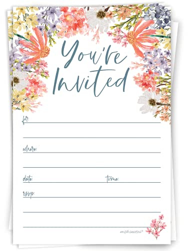 m&h invites Wildflower Invitations With Envelopes (20 Count) - Floral Boho Garden Theme For Bridal Shower, 1st Birthday, Adult Birthday, Brunch or Baby Shower