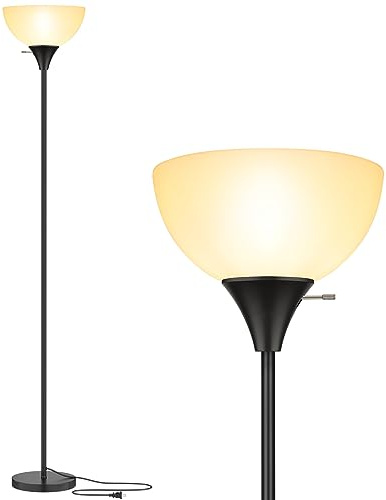 Coucrek Floor Lamp, LED Standing Lamps with White Plastic Shade, Black Modern Torchiere Floor Lamp, Tall Lamps for Living Room Dorm, Bulb not Included