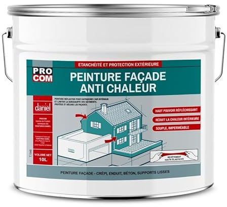 PRO COM Peinture façade anti chaleur, peinture blanche réflective, rafraîchit l'air intérieur - Technologie cool roof 10 litres