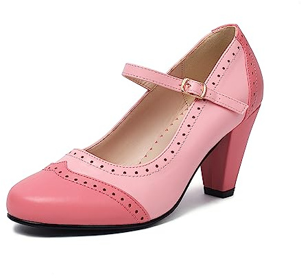 elerhythm Scarpe da donna Two Tone Mary Jane Classic e Retro anni '20 Pump Heels Gatsby Oxford, modello vintage anni '50, con punta rotonda chiusa, cinturino alla caviglia, Colore: rosa., 39 EU