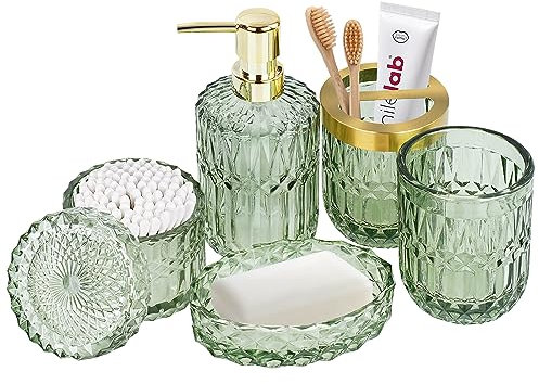 5pcs Glass Bathroom Accessories Set, Bathroom Accessories Complete Set, Soap Dispenser, Toothbrush Holder, Soap Dish, Tumbler, Cotton Swab Jar, Modern Bathroom Decor, Bathroom Accessory Set Green