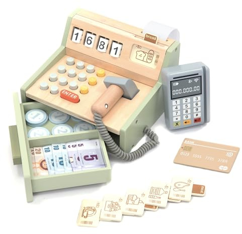 UMU® Wooden Cash Register for Kids - Includes Accessories (Scanner, Payment Terminal, Play Money, etc.), Role Play Shop & Accessories for Children Ages 3 4 5 6