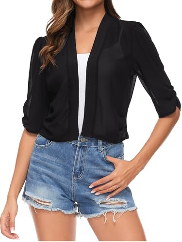 Famrrifuu Donna Coprispalle Elegante Estivo Cardigan Corta Bolero Giacca Coprispalle Corto per Matrimonio,Nero,XXL