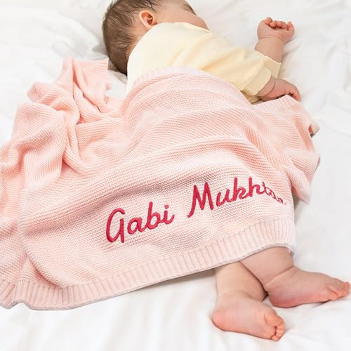 TICBIK Personalised Baby Knitted Blankets, Custom Baby Blanket with Name, Customised Cellular Blankets Cotton Baby Blanket Knitting Patterns for Newborn Soft