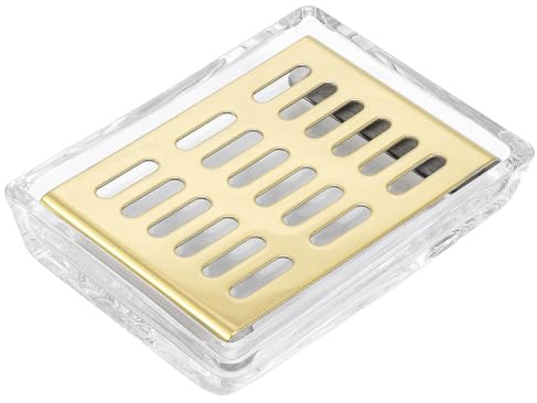 Glass Soap Dish (11.3 x 8.5 x 2.4cm) Stainless Steel Soap Holder for Bathroom and Shower Double Layer Draining Soap Box (Gold tray)