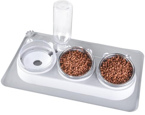 Futternapf Katze,3 in 1 erhöhte Katzennapf mit wasserdichter Haustiermatte Automatische Wasserflasche Ersatz Keramikschüssel Katzennahrung und Wasserspender Set(Schalen aus rostfreiem Stahl)