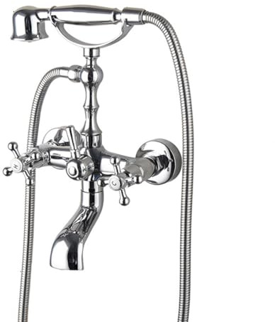 Rubinetto Vasca Da Bagno Miscelatore Vasca Da Bagno Ottone Due Maniglie Antico Vintage Stile, Rubinetto Doccia Da Muro Con Doccetta E Flessibile Doccia Da 1,5 M, Cromo, Argento