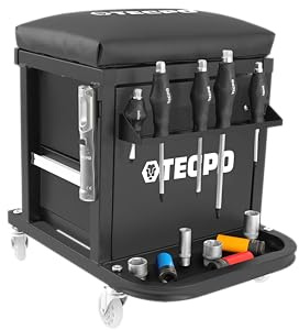TECPO Tabouret d'atelier avec capacité de charge de 150 kg, tiroirs, compartiments de rangement, hauteur réglable, tabouret d'atelier, tabouret de montage, siège à roulettes