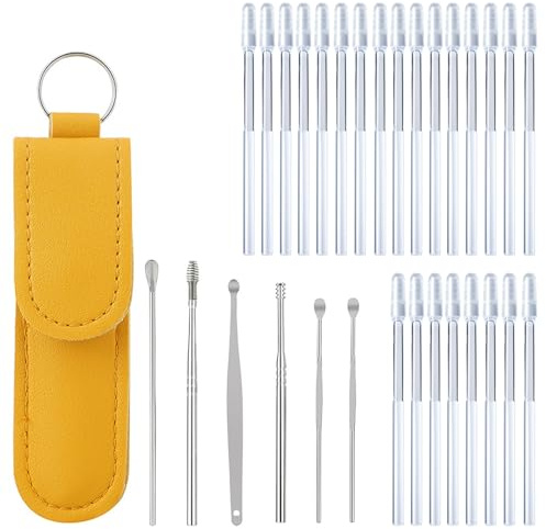 APMGONT Kit para Eliminar la Cera de los Oídos, 6 Piezas de Acero Inoxidable para Eliminar la Cera de los Oídos con 24 Bastoncillos de Algodón Pegajosos Set de Cucharas Reutilizables (5mm-Amarillo)