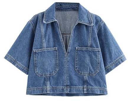 Blusa corta de mezclilla con cuello en V para mujer, para verano, Y2K, para salir, camisa corta de manga corta para mujer, azul claro, M