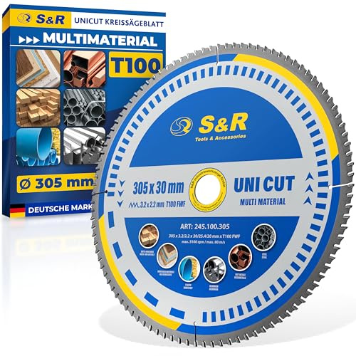 S&R Kreissägeblatt 305 x 30 mm FWF-Design, 100 Wolframkarbid HW Zähne, Universal Multicut Sägeblatt für Holz, 4 mm Baustahl, NE-Metalle, Kunststoff, Aluminium, Mehrzweck-Sägeblatt, Reduzierringe
