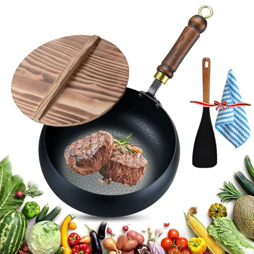 Vgpbphj Japansk järnpanna, obelagd gjutjärn stekpanna med trälock, handsmidd gjuten non-stick gryta, för hög värmestekning, flera användningsområden stor magkruka för spisar, induktionshällar (med