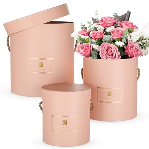 Oairse Set of 3 Round Gift Boxes with Lids and Handles Pink Flower Boxes for Arrangements, Decorative Hat Boxes for Gifts, Weddings, Bridesmaid, Party, Birthdays & Storage